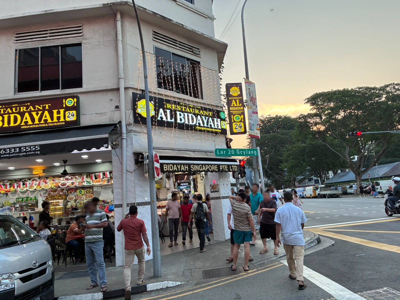 24-hour Indian Muslim restaurant at the corner of Lorong 20 Geylang (faces blurred)