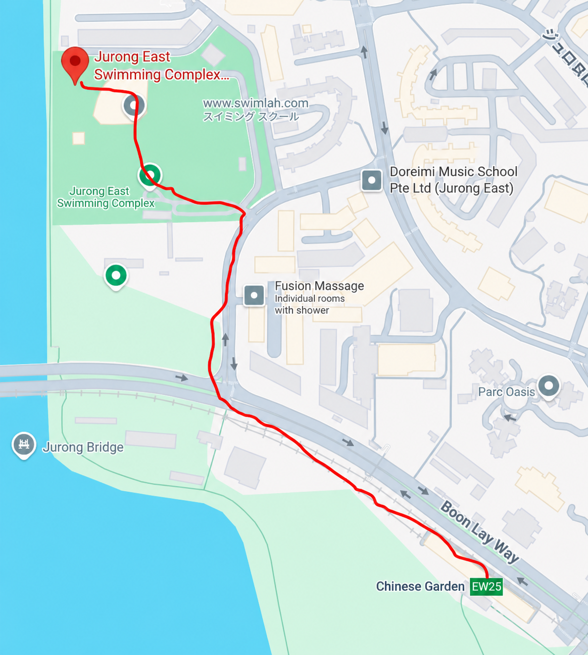 中国庭園駅からJurong East Swimming Complexまでの徒歩ルート