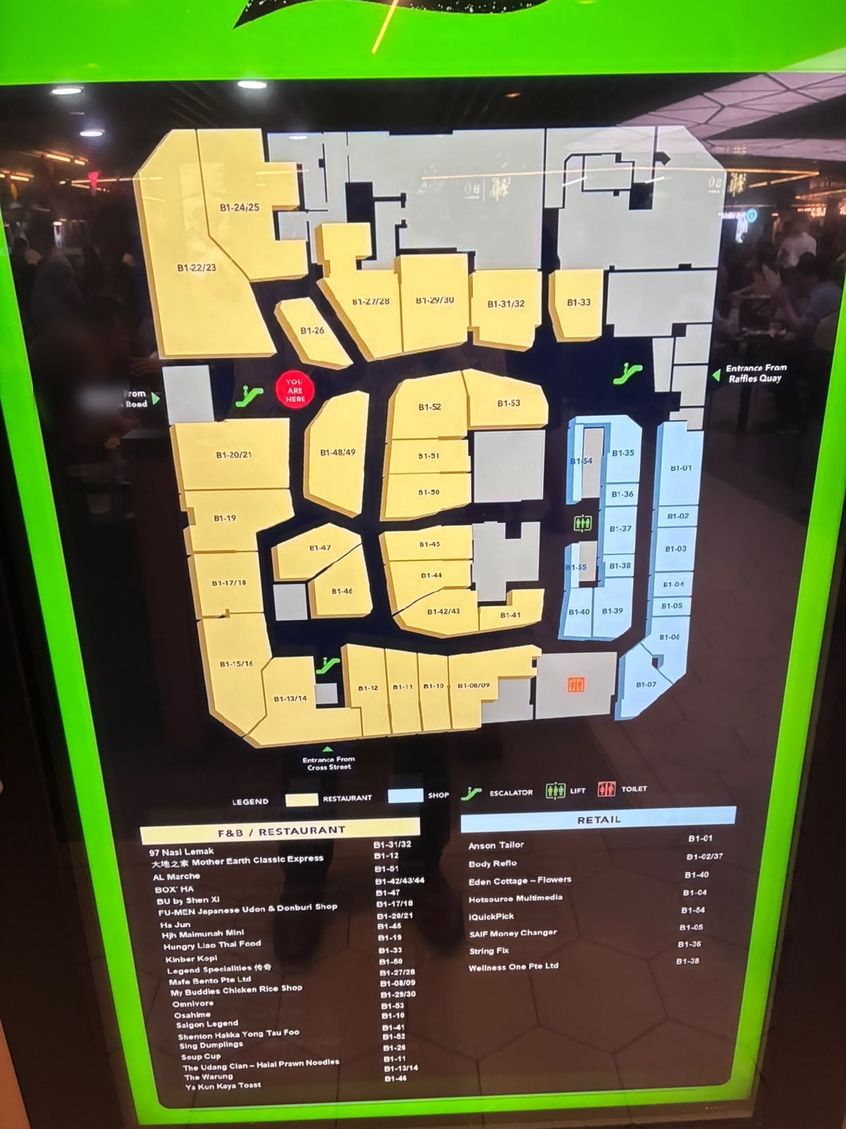 Floor directory of The Basement B1 food hall listing restaurants and shops, Hong Leong Building Singapore