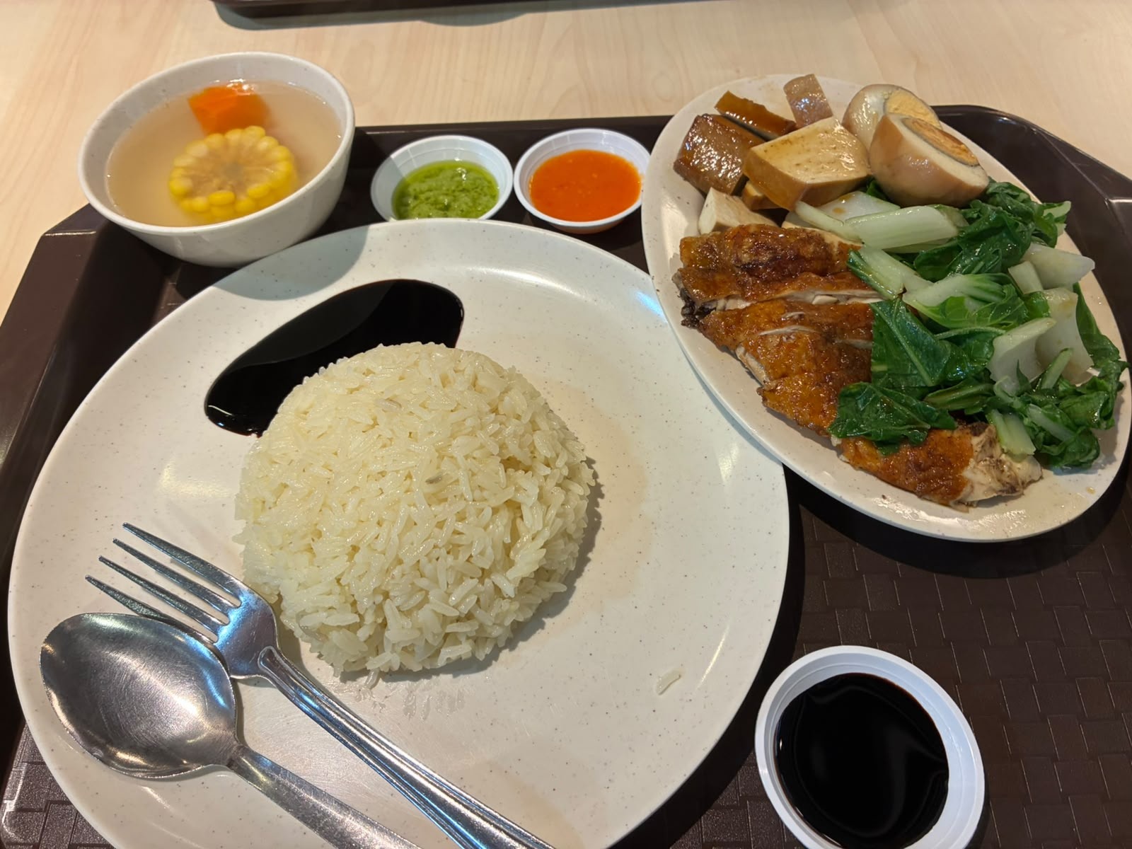Roasted chicken rice set with soup, greens, tofu and braised egg at My Buddies, The Basement Singapore