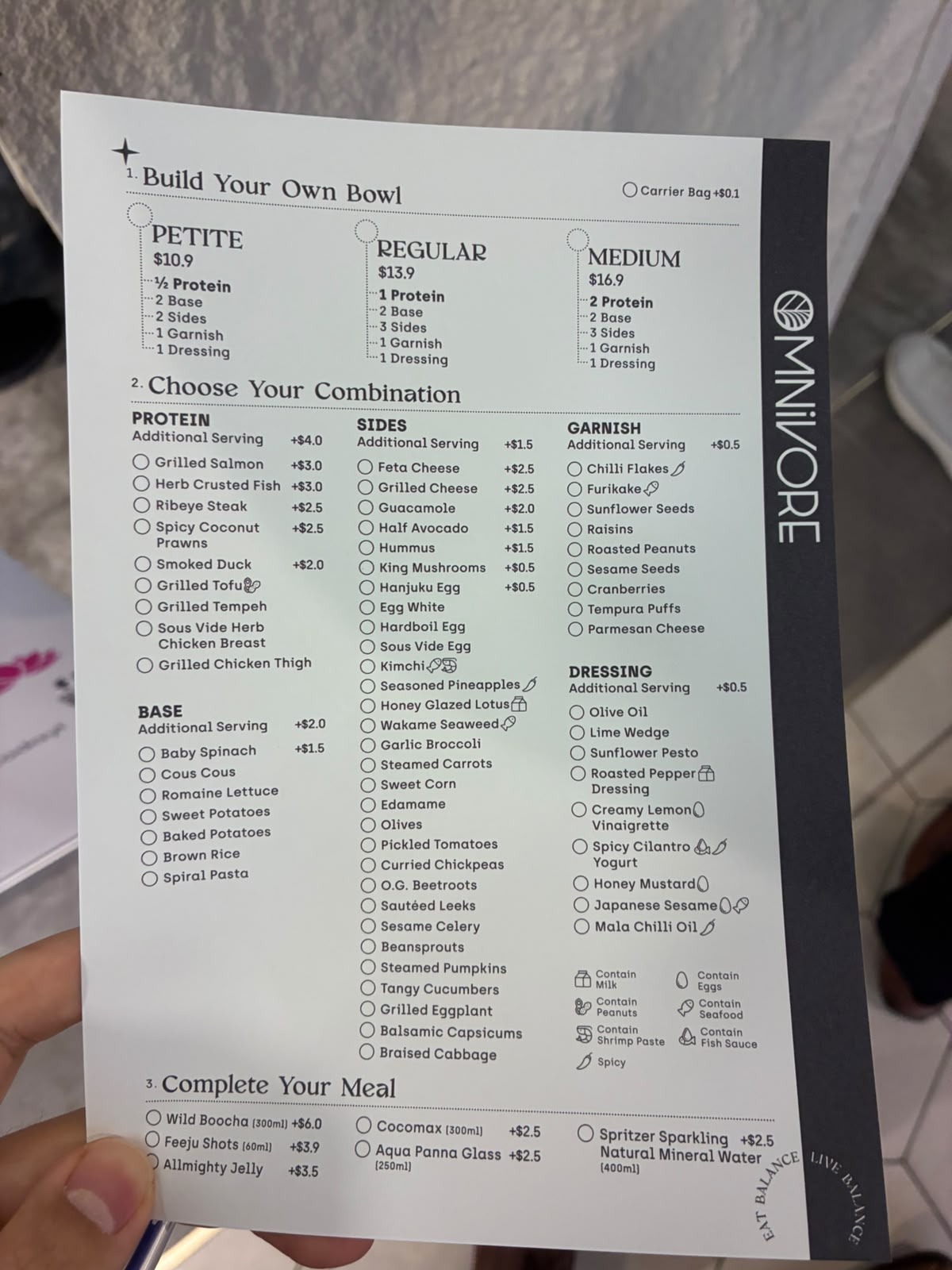 Omnivore build your own bowl order sheet with prices and ingredient options, Singapore