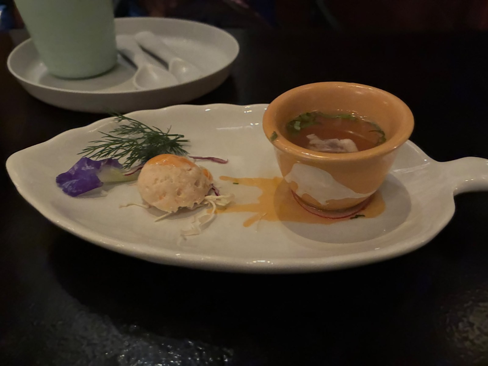 Amuse-bouche served on a leaf-shaped plate at Blue Elephant Phuket, Thailand