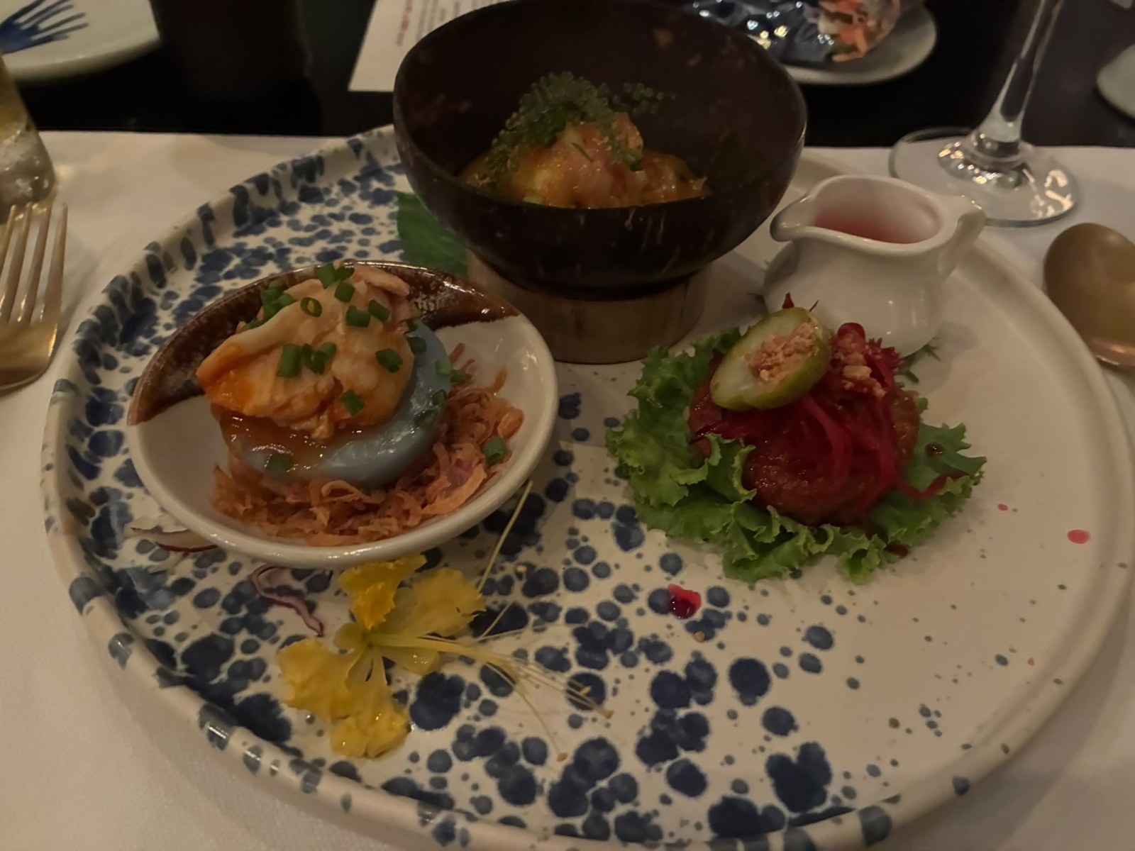 Peranakan starters with blue swimmer crab dumpling and prawns at Blue Elephant Phuket, Thailand