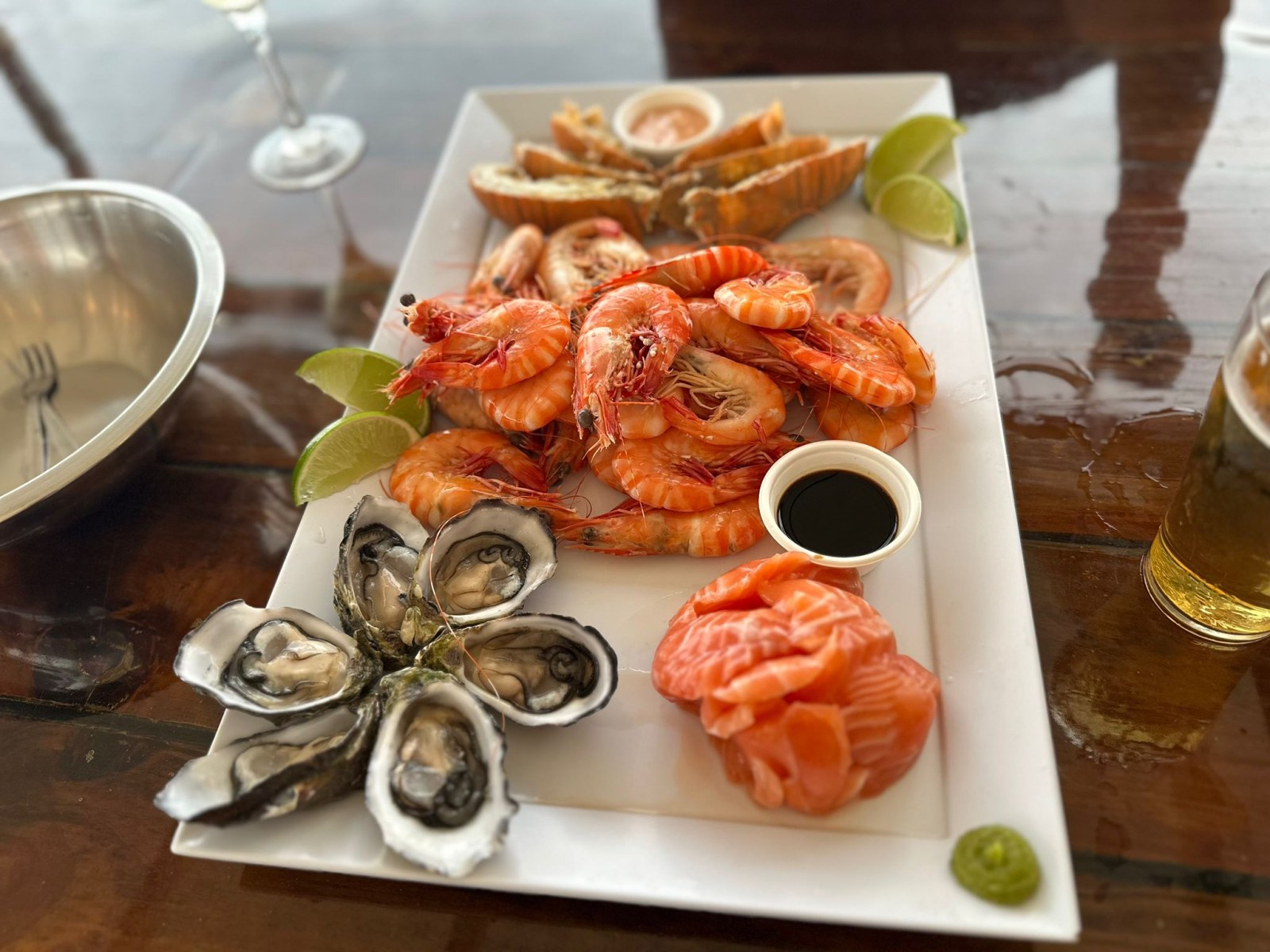 Seafood platter of prawns, oysters, salmon sashimi and bugs at Prawn Star, Cairns