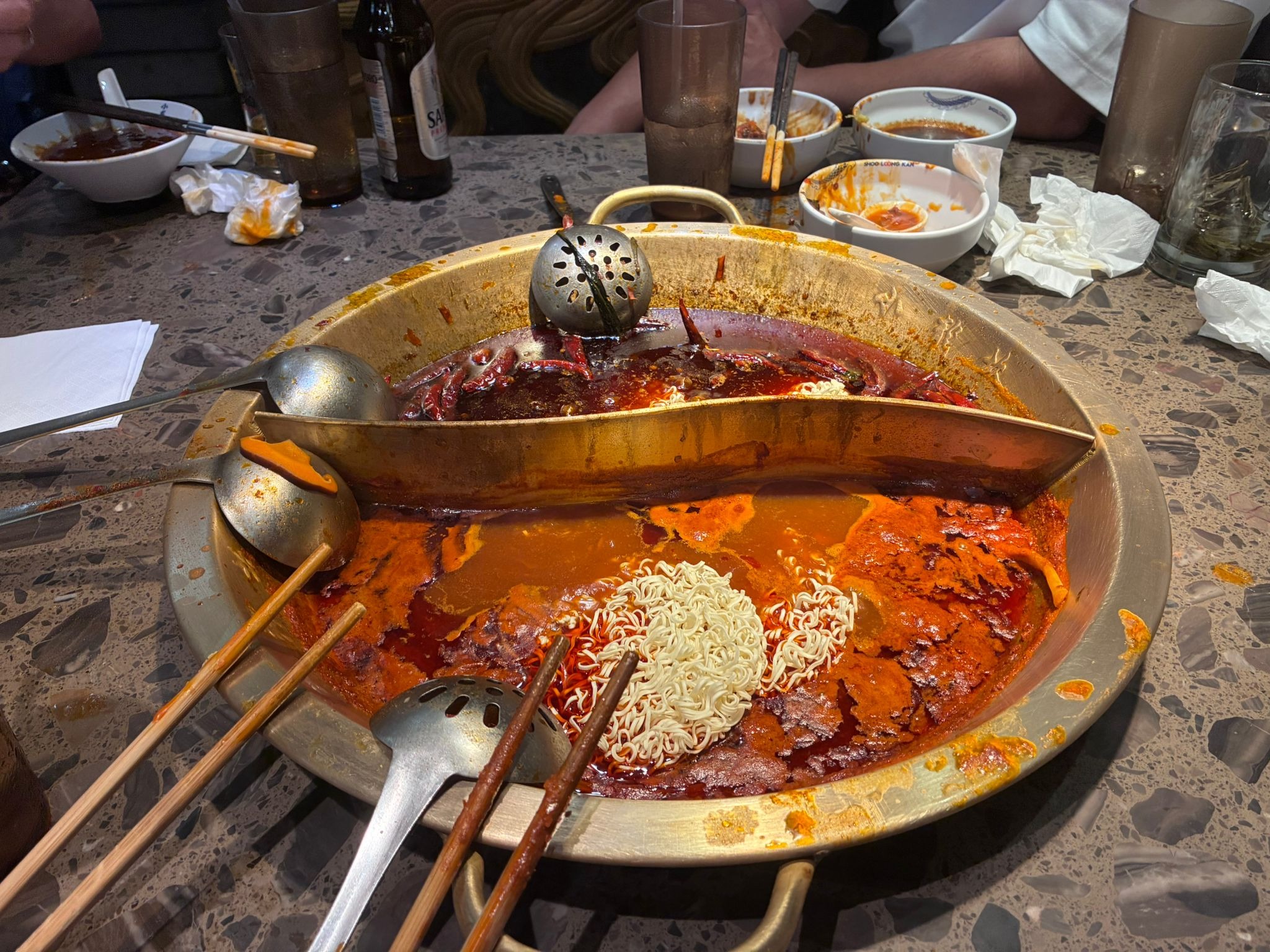 Finished twin-broth mala hotpot at Shoo Loong Kan, Chinatown Singapore