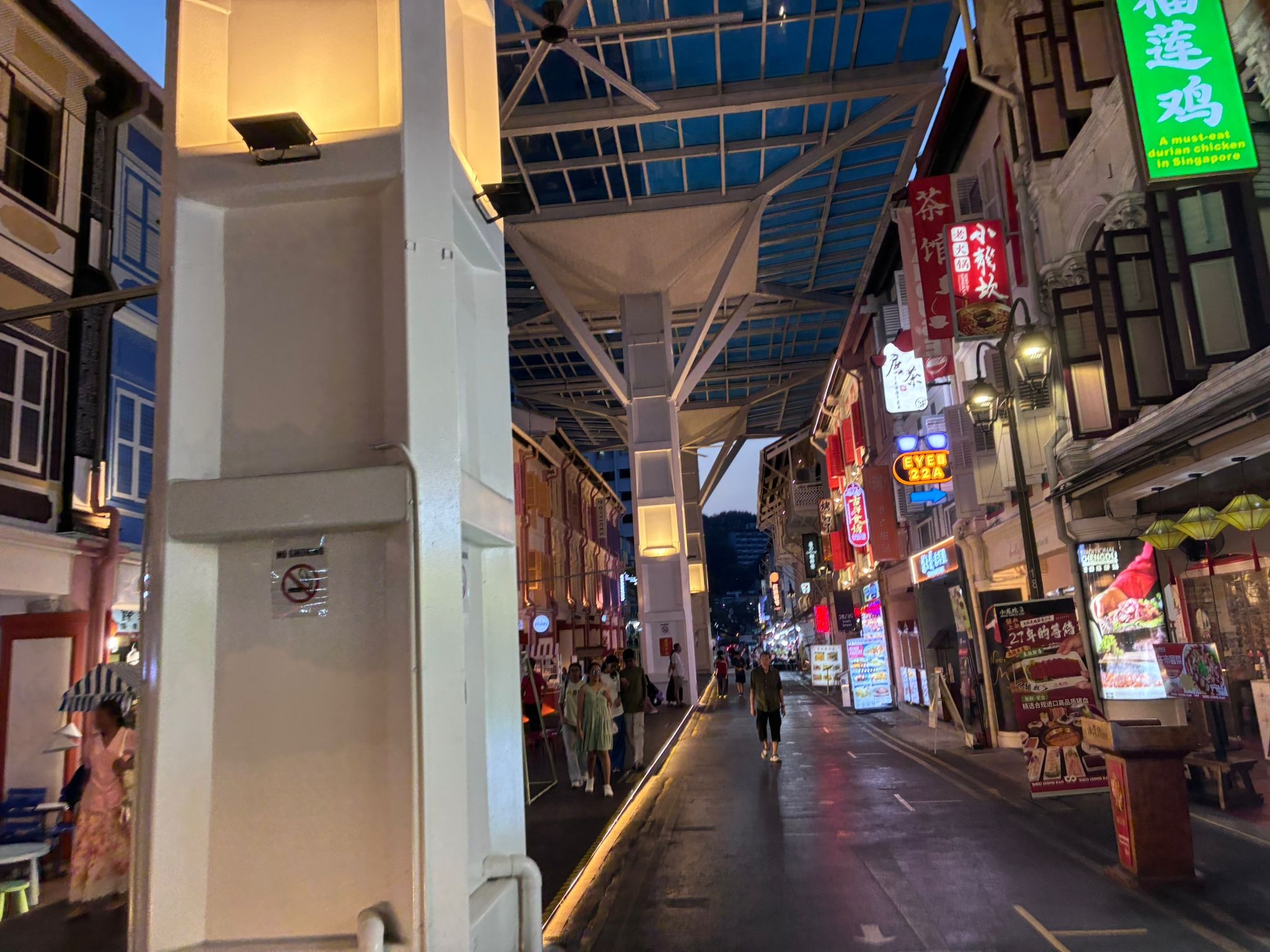Smith Street in Chinatown Singapore at night with hotpot and durian chicken signboards (faces blurred)
