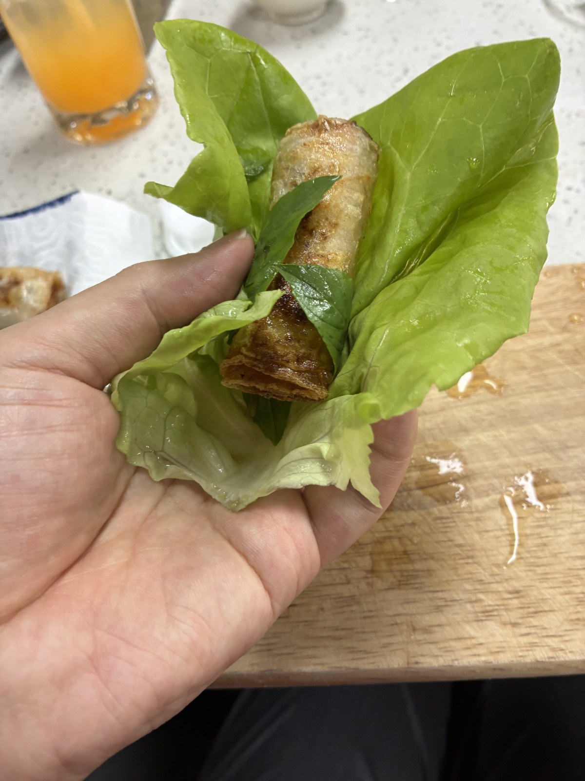 Fried spring roll wrapped in lettuce with herbs, Vietnamese cooking class in Ho Chi Minh City