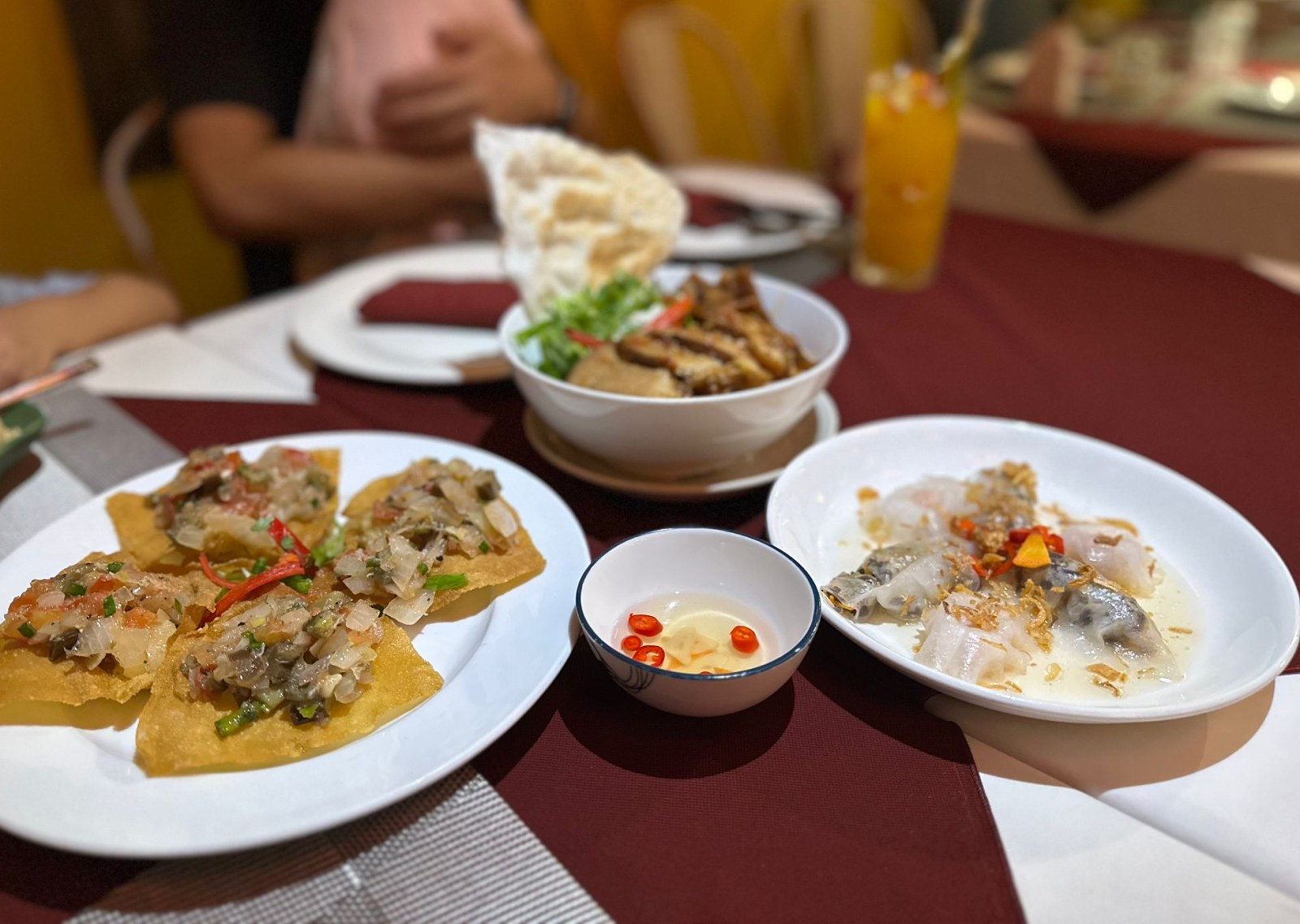 Hoi An specialities at Cargo Club: fried wontons, white rose dumplings and cao lau, Vietnam