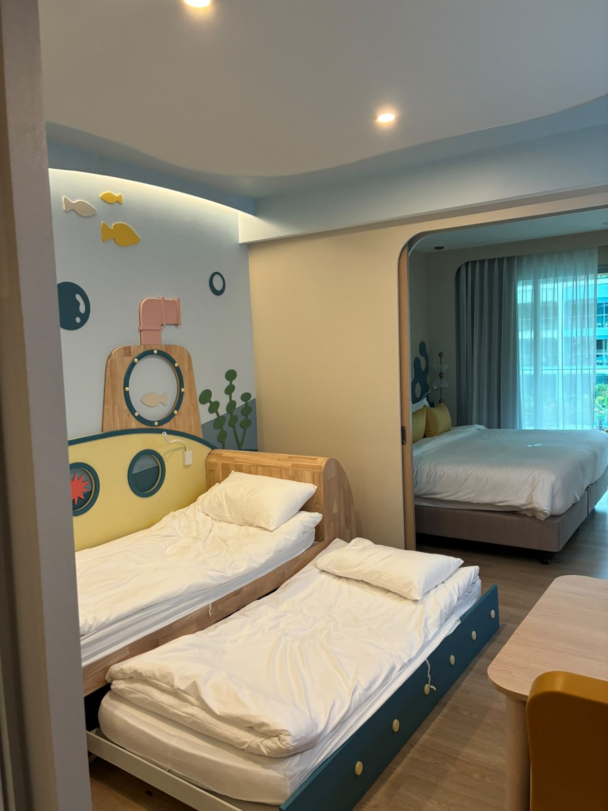 Submarine-themed children's beds in a family room at Katathani Phuket Beach Resort, Thailand