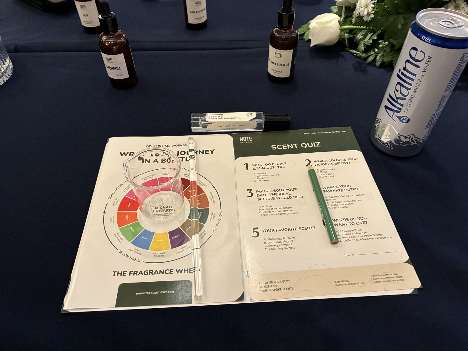 DIY perfume workshop desk with fragrance wheel, scent quiz sheet and sample bottles, Ho Chi Minh City