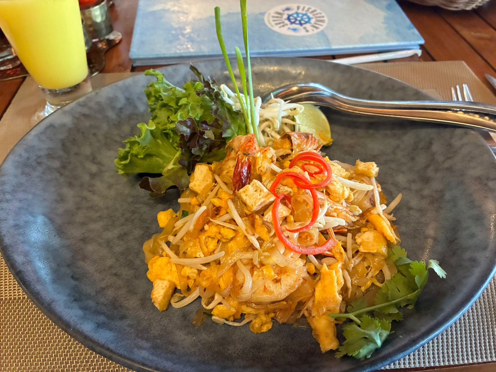 Pad Thai with prawns, tofu and bean sprouts served at a resort restaurant in Phuket, Thailand