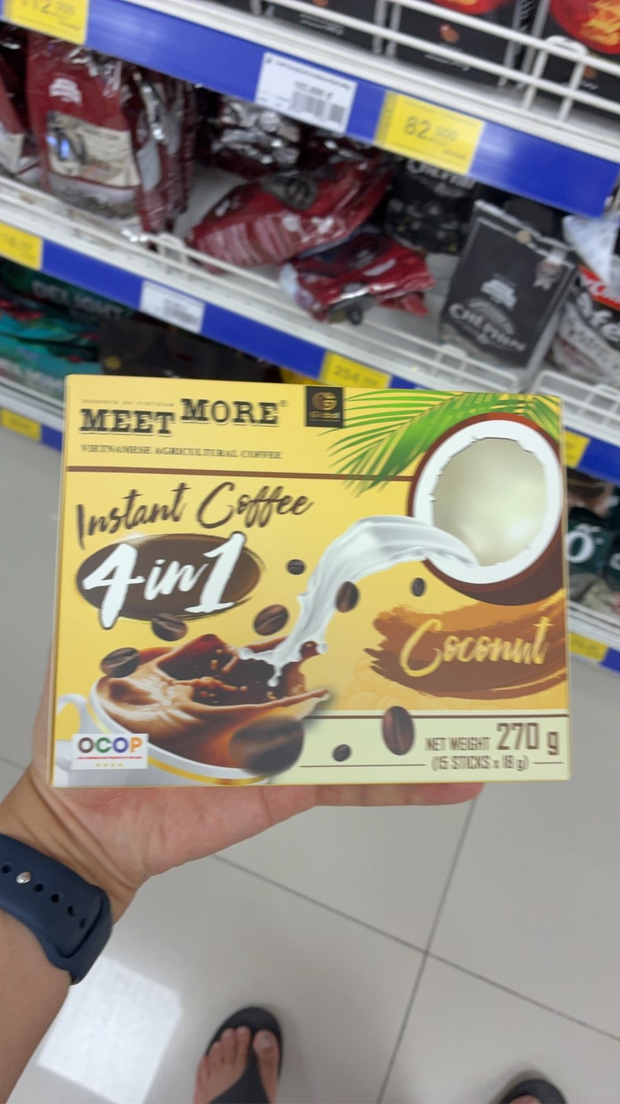 Box of Meet More 4-in-1 coconut instant coffee held in a Vietnamese supermarket