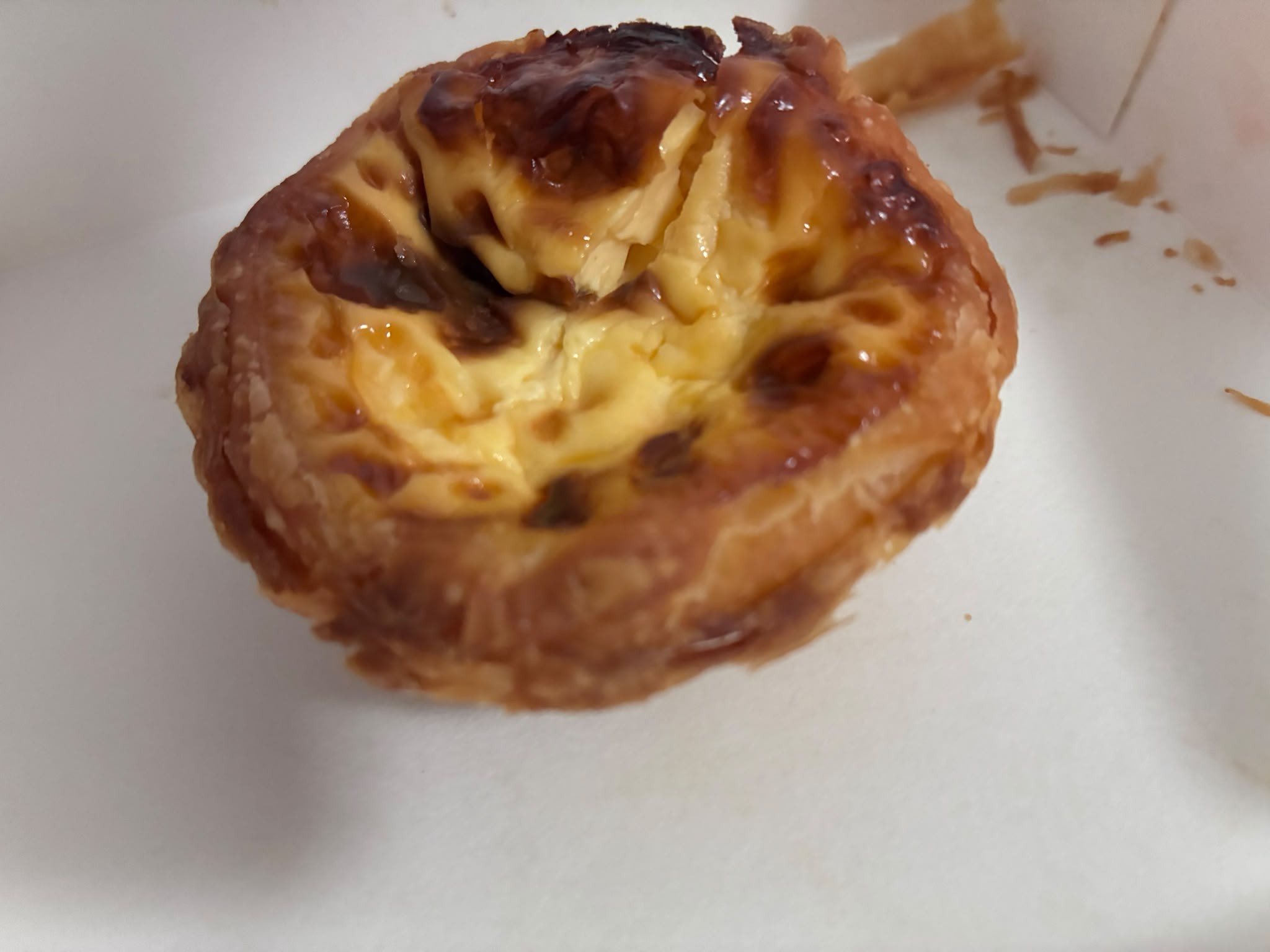 Close-up of a Portuguese egg tart with caramelised custard from 50 Years Taste of Tradition