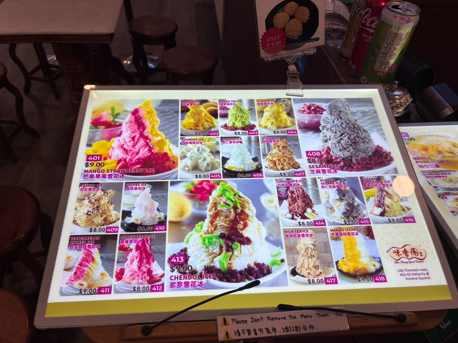 Snow ice menu at Mei Heong Yuen Dessert with mango, chendol and sesame flavours priced S$8 to S$9
