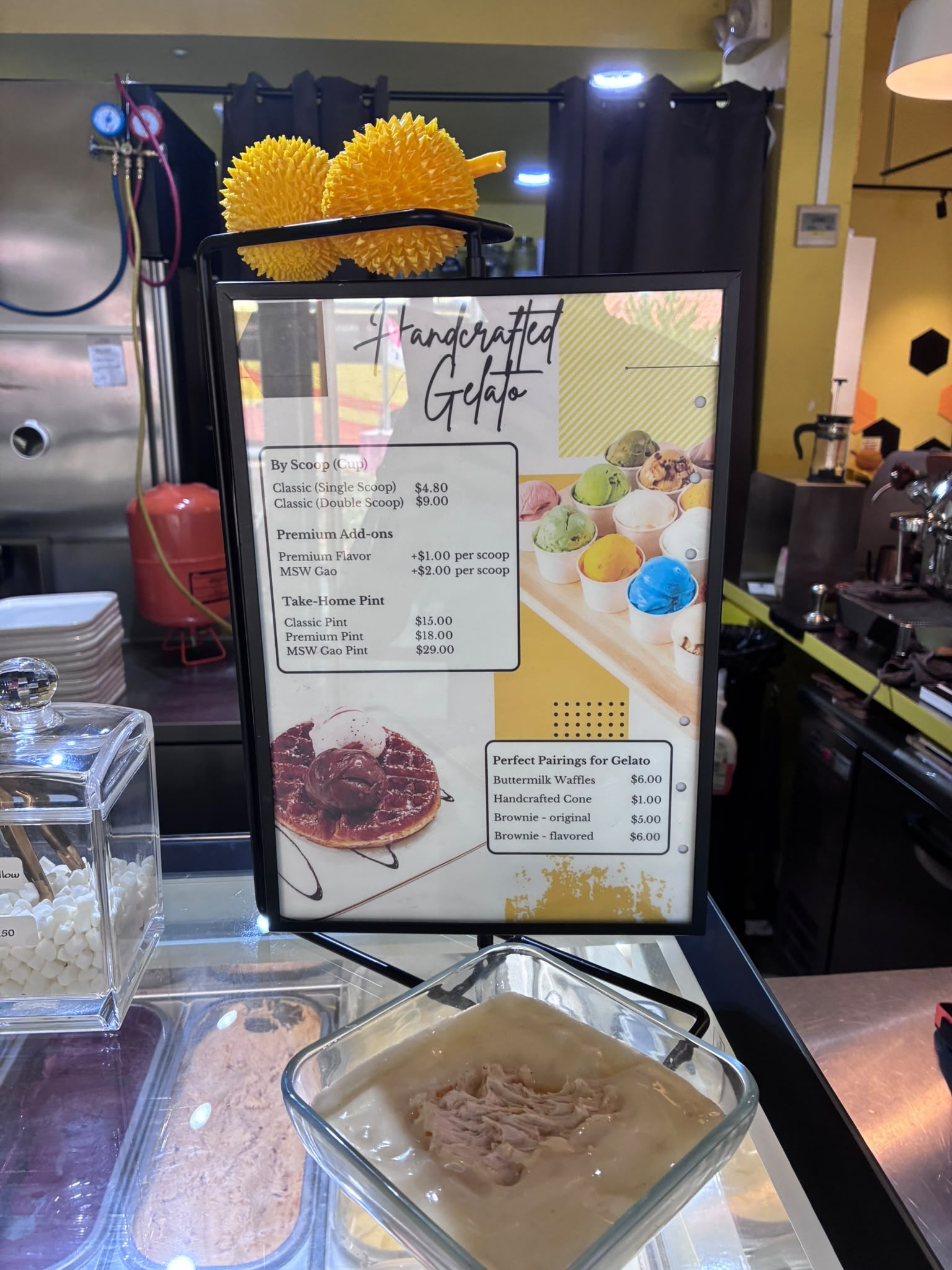 Handcrafted gelato price list at Pang Zi Durian, Singapore