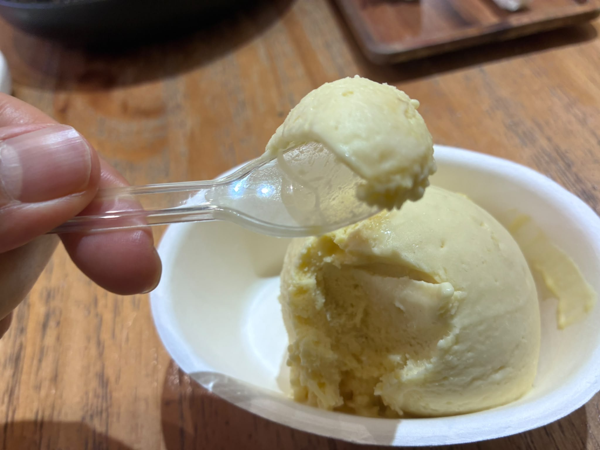 A spoonful of durian gelato at Pang Zi Durian, Singapore