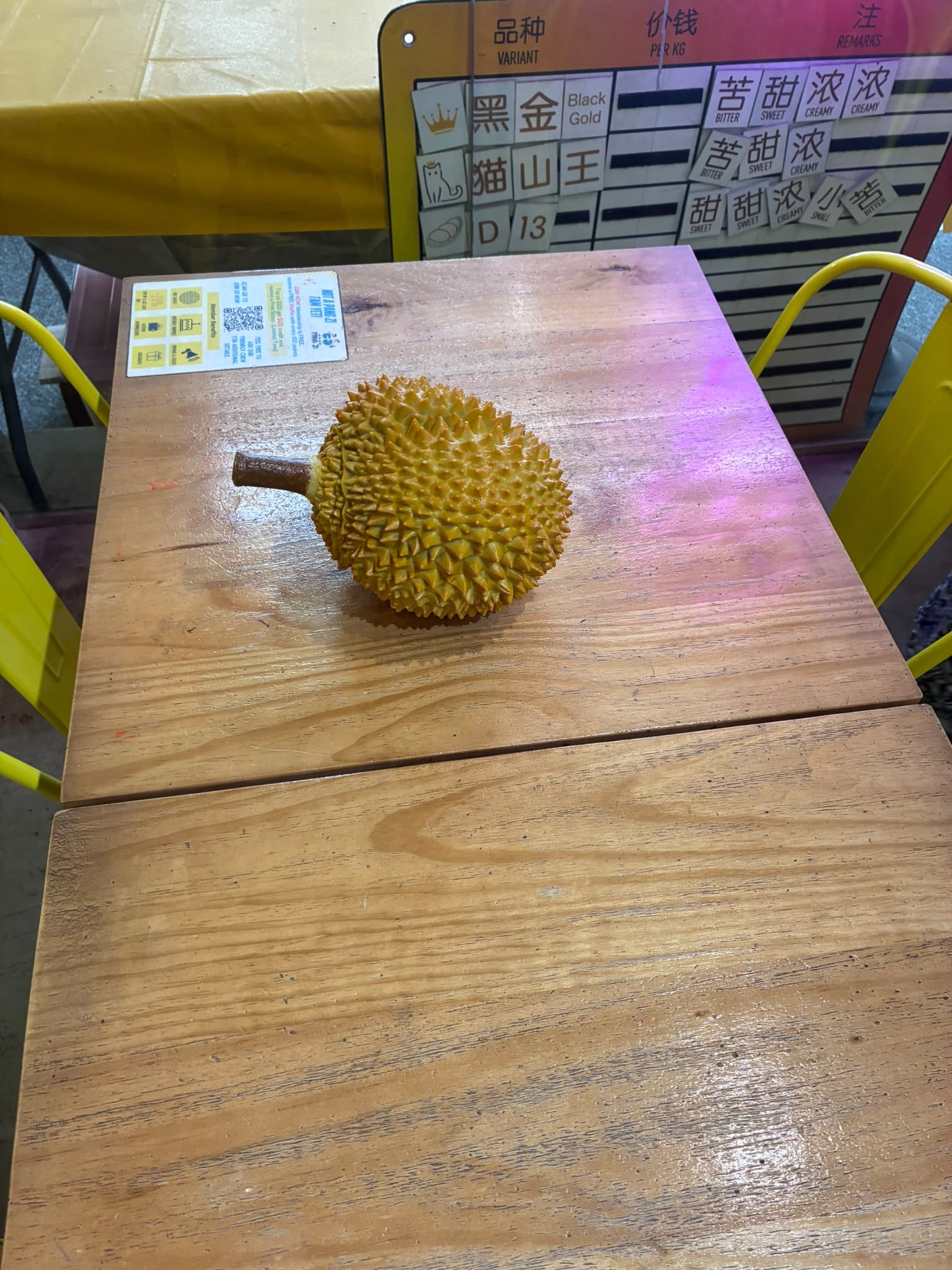 Durian variety board showing Black Gold, Mao Shan Wang and D13 with bitter, sweet and creamy notes
