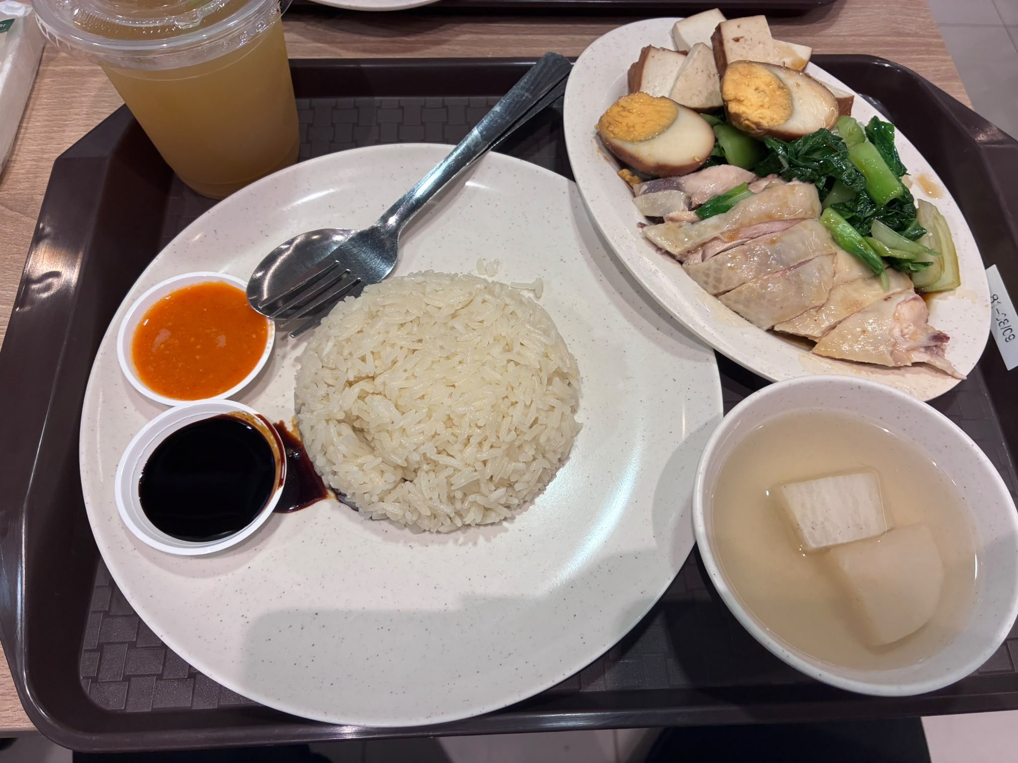 Steamed chicken rice set with radish soup, greens, tofu and braised egg at My Buddies, The Basement Singapore